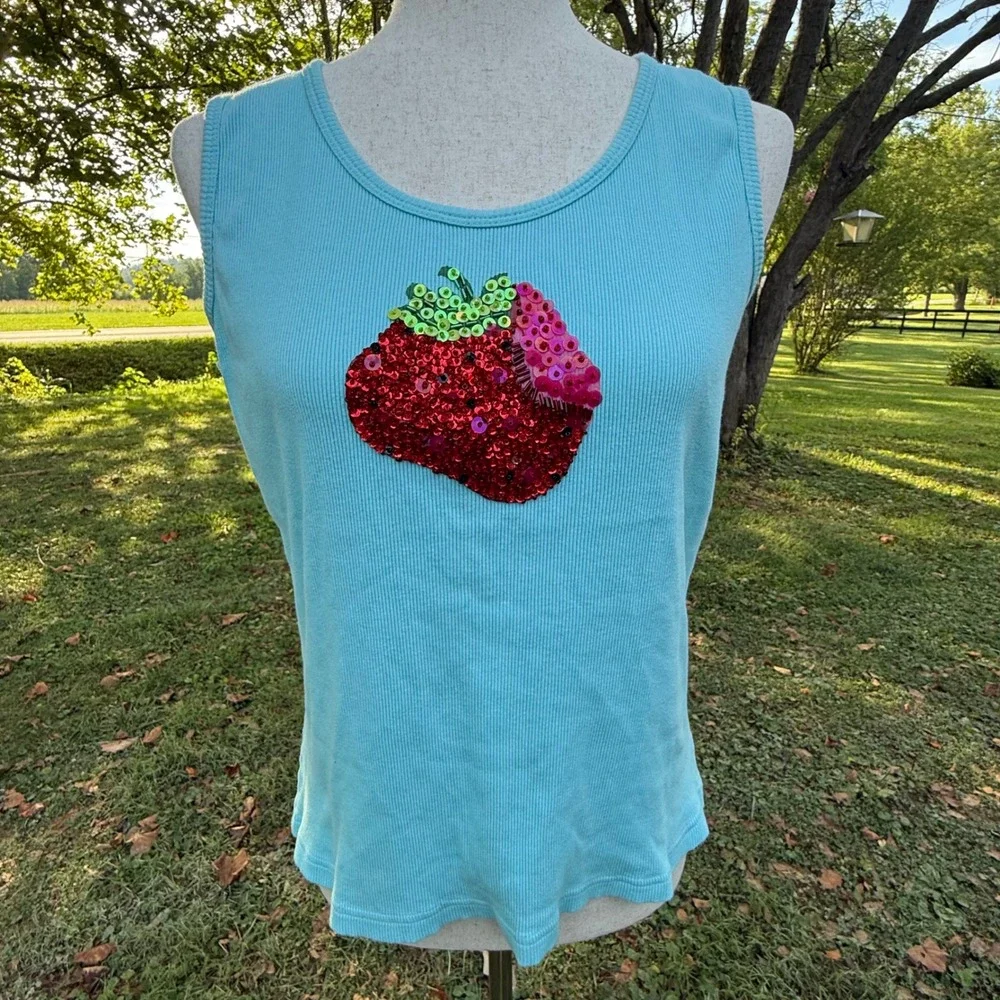 Women Blue Whimsical Sequin Strawberry Ribbed Cotton Tank Top Size M Girly Y2K